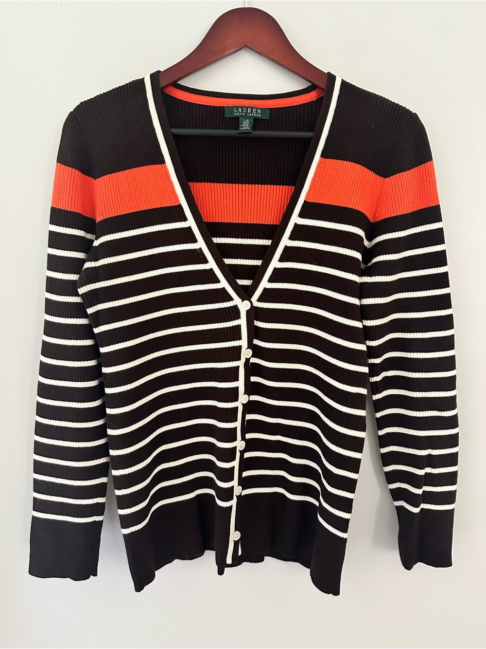 Lauren Ralph Lauren Brown, Orange & White Striped Fall V-Neck Button Cardigan